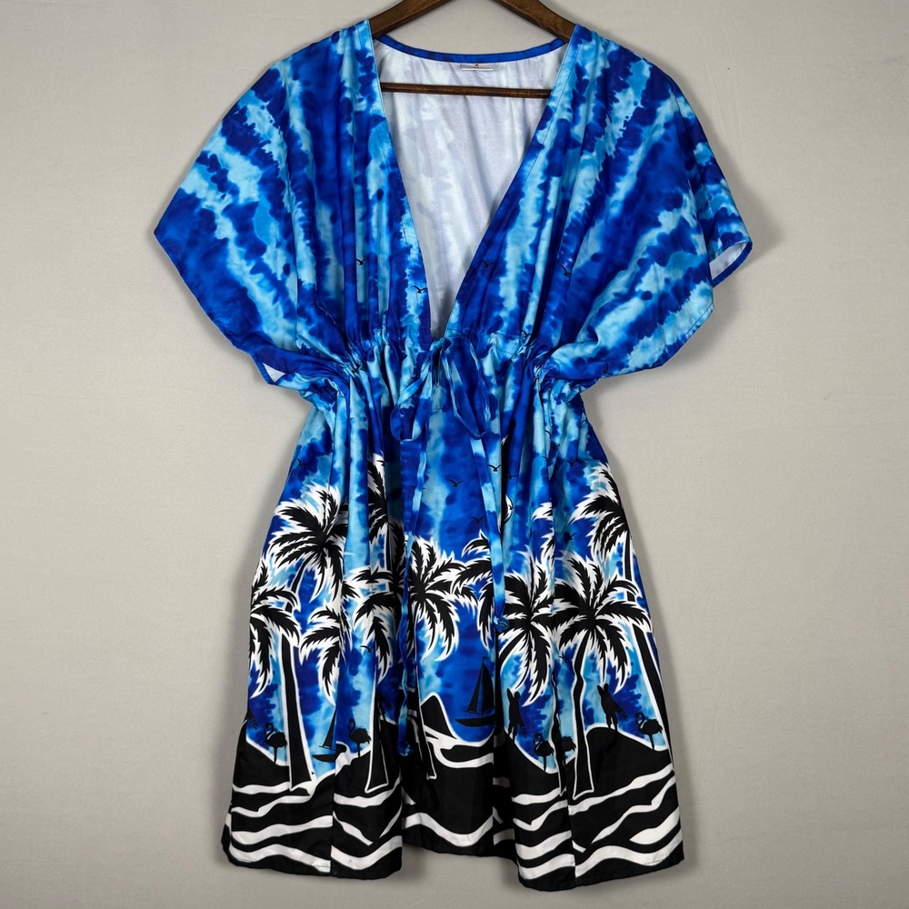 La Leela Kaftan Swim Cover Up OSFM Blue Tie Dye Tropical Palm Tree NWOT